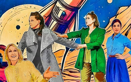 Vier Frauen in Comicoptik vor einer Rakete, im Hintergrund sind der Weltraum und Palaneten zu sehen